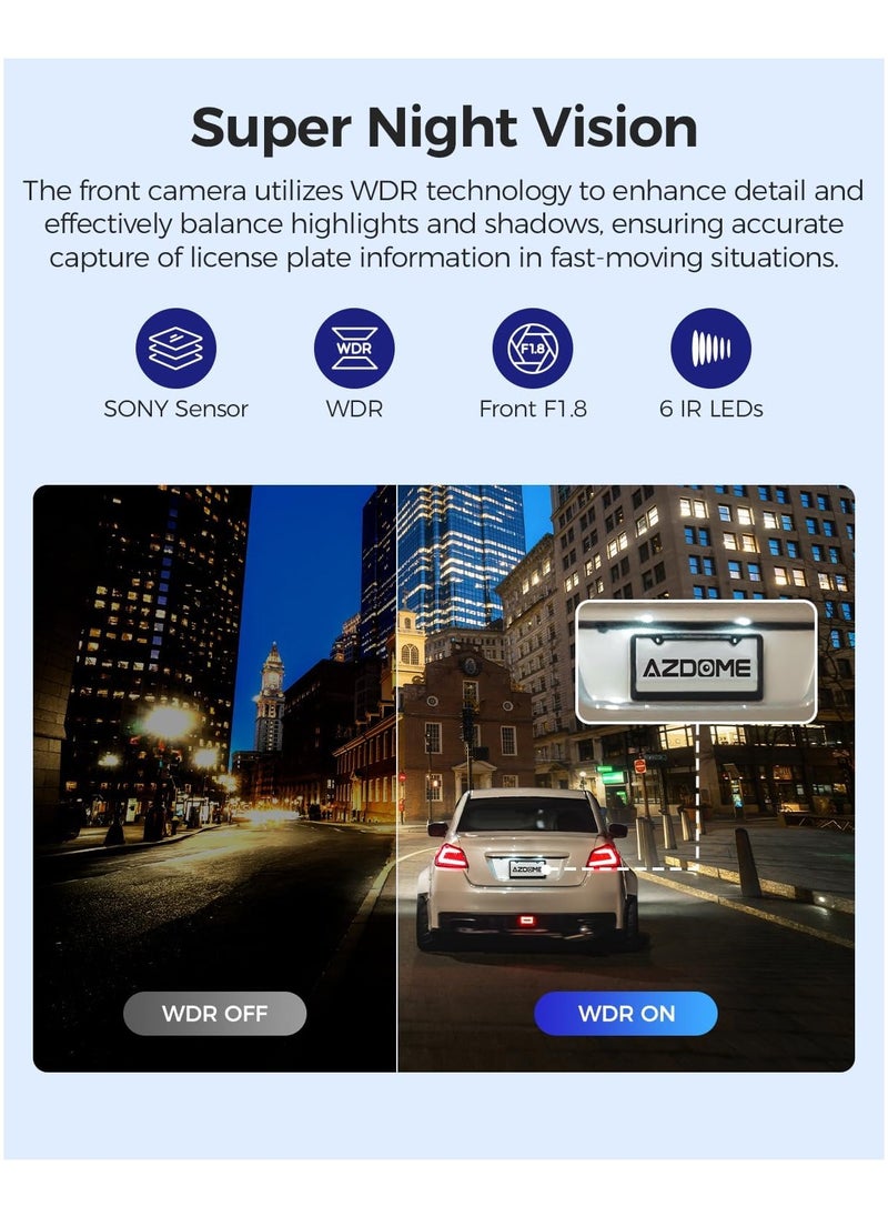 أزدوم كاميرا سيارة AZDOME 4K M550 Max 3 قنوات، مستشعرات STARVIS مزدوجة، كاميرا ثلاثية أمامية وخلفية بدقة 4K+2.5K+1080P، نظام تحديد المواقع العالمي (GPS) مدمج، بطاقة 64 جيجابايت متضمنة، رؤية ليلية بالأشعة تحت الحمراء، نطاق ديناميكي واسع، وضع ركن السيارة على مدار 24 ساعة، كاميرا سيارة  - Image 4