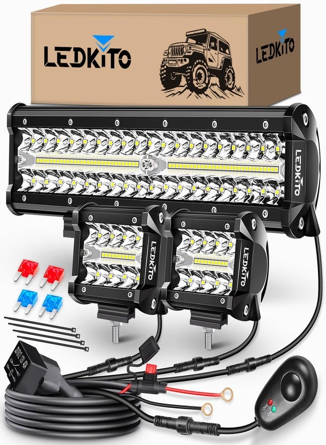 LEDKITO 12 Inch LED Light Bar and 2PCS 4 Inch LED Pod Lights LED Off Road Lights with Switch 16AWG 3 Lead Wiring Harness Triple Row Spot Flood Combo LED Light Bar for Truck Car UTV Boat - Image 1
