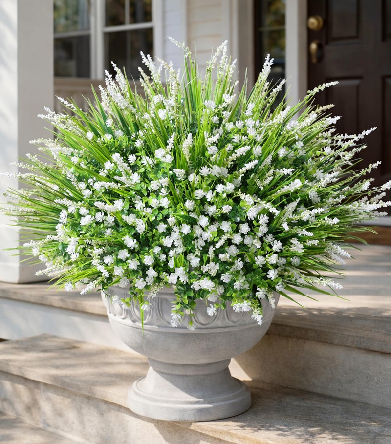 HyeFlora 20 Bundles Artificial Fake Outdoor Plants Flowers for Spring Decoration, UV Resistant Realistic White Plastic Flowers Faux Plant Monkey Grass for Planter Home Garden Porch Patio Window Box - Image 1