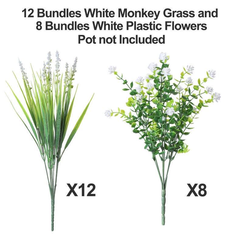 HyeFlora 20 Bundles Artificial Fake Outdoor Plants Flowers for Spring Decoration, UV Resistant Realistic White Plastic Flowers Faux Plant Monkey Grass for Planter Home Garden Porch Patio Window Box - Image 5