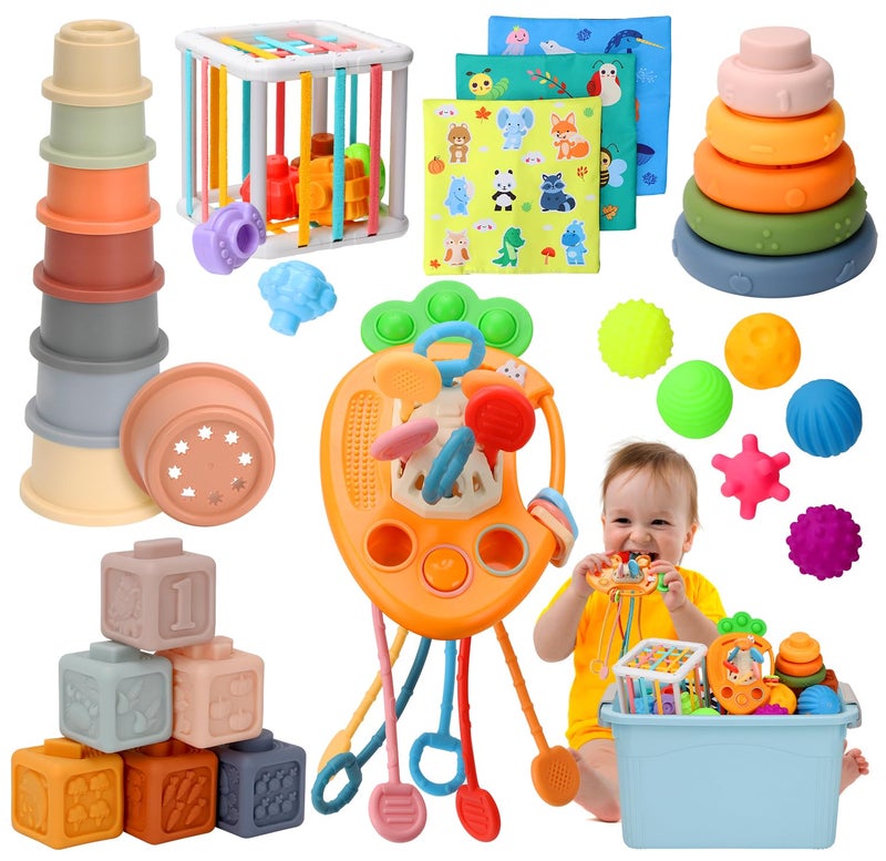Wattne 7 in-1 Montessori Toy with Pull String Toy, Sensory Bin Toys, Stacking Baby Blocks & Soft Ring & Sensory Ball for Toddler - Image 1