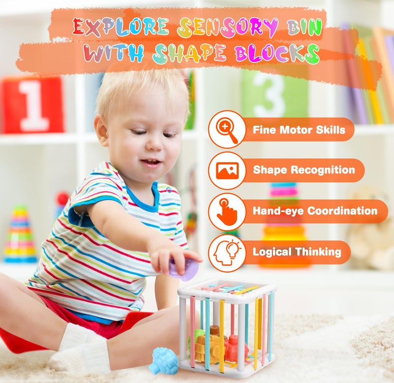 Wattne 7 in-1 Montessori Toy with Pull String Toy, Sensory Bin Toys, Stacking Baby Blocks & Soft Ring & Sensory Ball for Toddler - Image 2