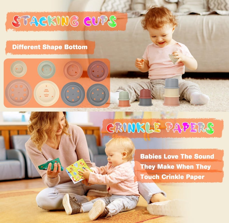 Wattne 7 in-1 Montessori Toy with Pull String Toy, Sensory Bin Toys, Stacking Baby Blocks & Soft Ring & Sensory Ball for Toddler - Image 4