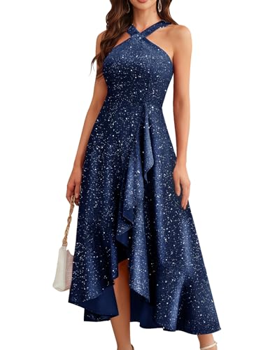 Bbonlinedress Womens Halter Sparkly Formal Dress High Low Evening Gowns for Formal Wedding Junior Bridesmaid Dresses for Teens Dark Blue S - Image 1
