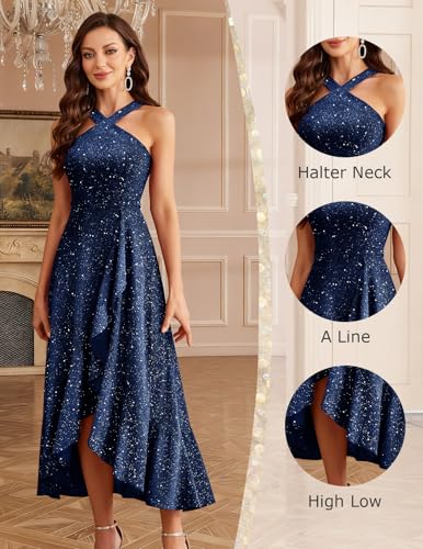 Bbonlinedress Womens Halter Sparkly Formal Dress High Low Evening Gowns for Formal Wedding Junior Bridesmaid Dresses for Teens Dark Blue S - Image 5