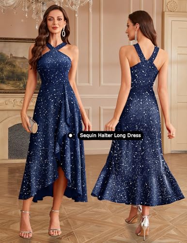 Bbonlinedress Womens Halter Sparkly Formal Dress High Low Evening Gowns for Formal Wedding Junior Bridesmaid Dresses for Teens Dark Blue S - Image 2