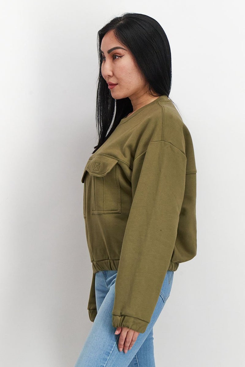 Piping Hot Women Crew Neck Long Sleeve Front Pocket Sweatshirt, Olive - Image 5