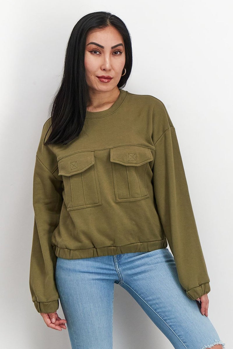 Piping Hot Women Crew Neck Long Sleeve Front Pocket Sweatshirt, Olive - Image 1