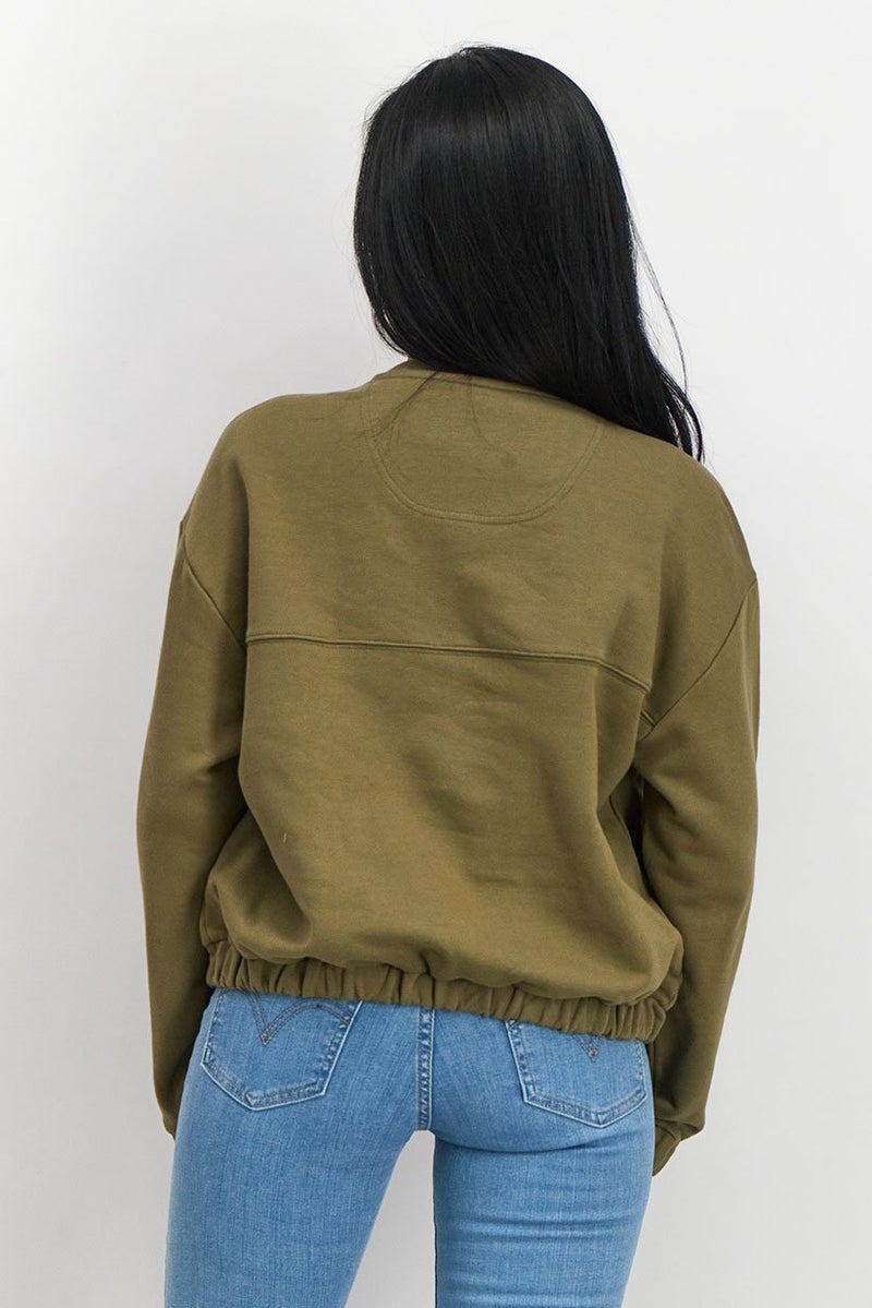 Piping Hot Women Crew Neck Long Sleeve Front Pocket Sweatshirt, Olive - Image 4