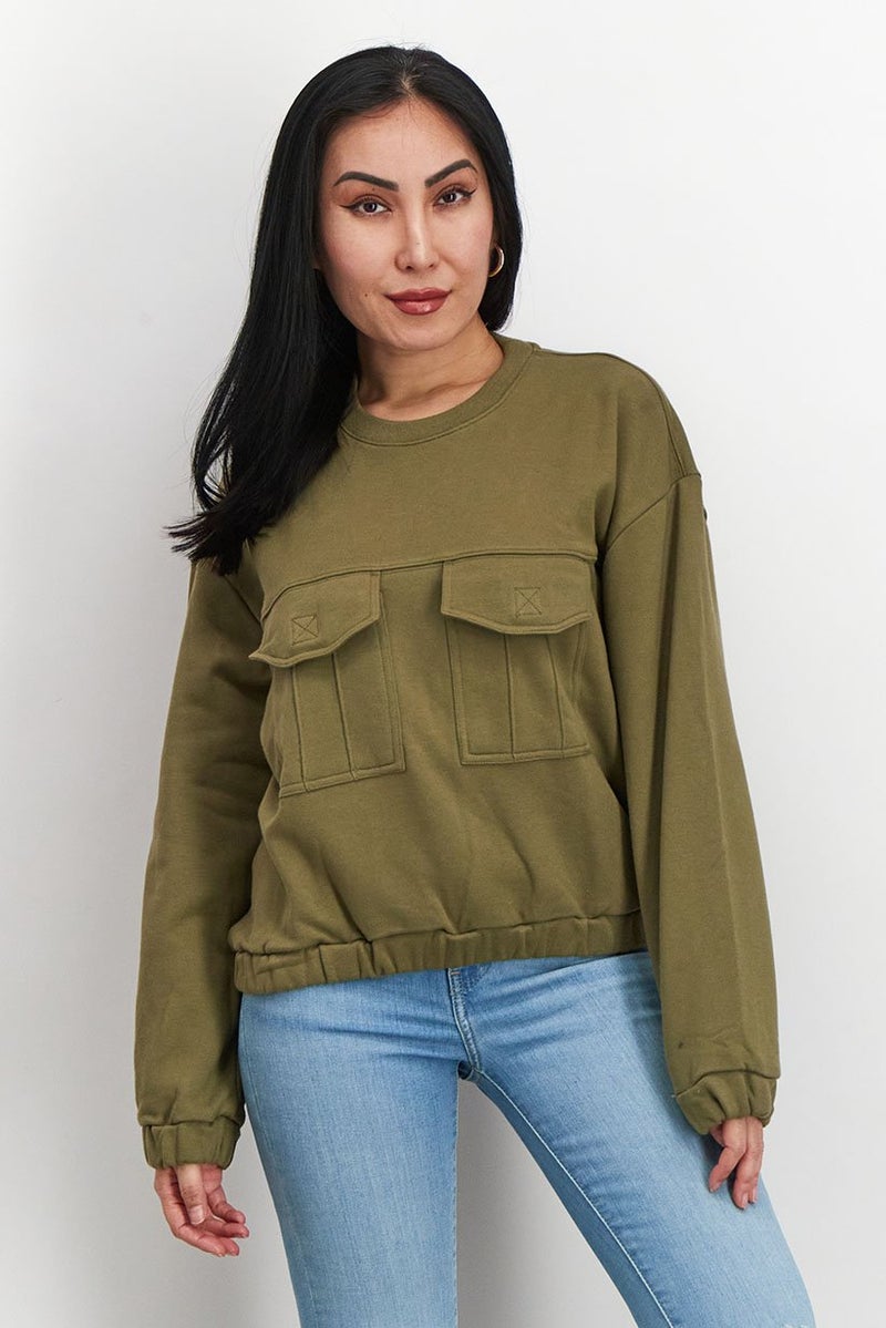 Piping Hot Women Crew Neck Long Sleeve Front Pocket Sweatshirt, Olive - Image 3