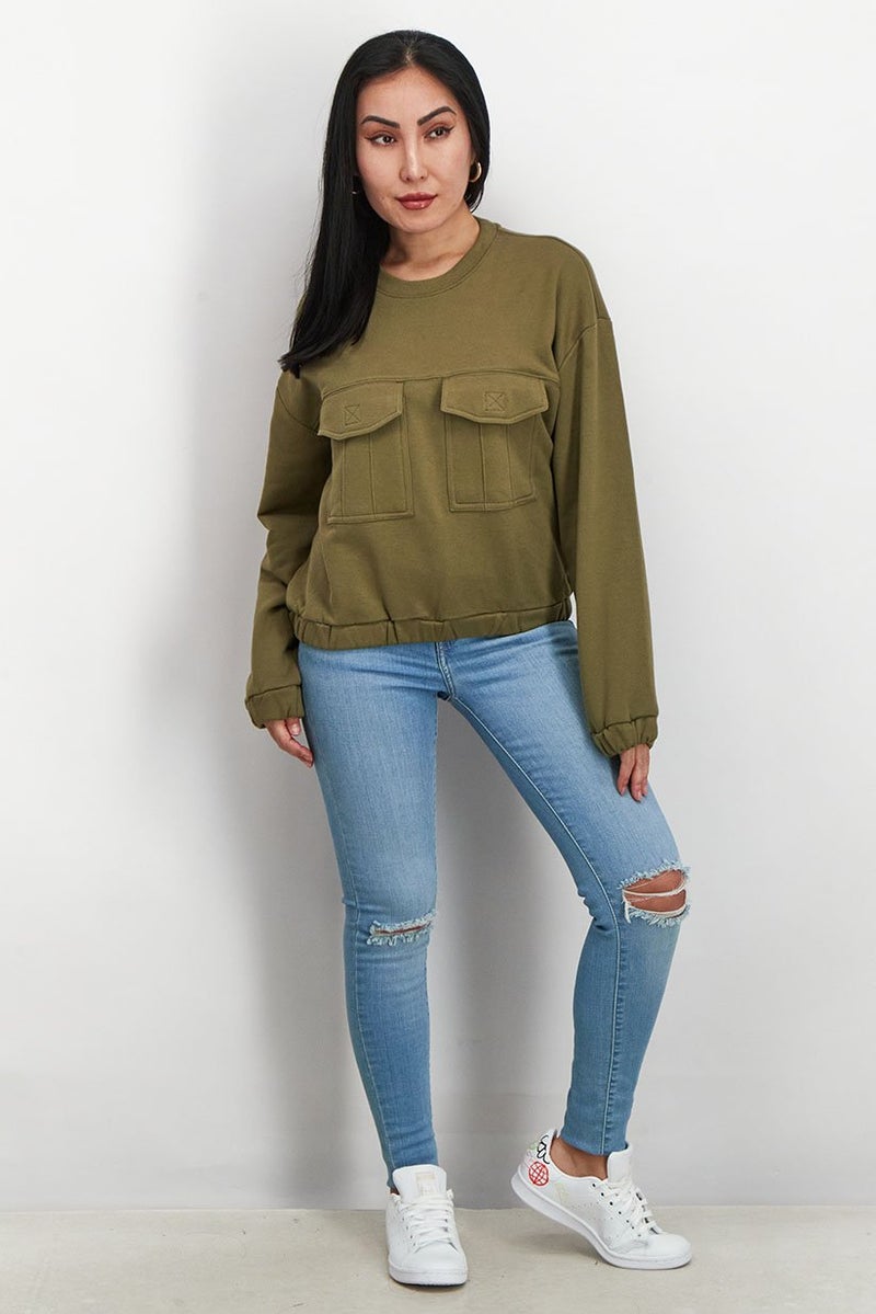 Piping Hot Women Crew Neck Long Sleeve Front Pocket Sweatshirt, Olive - Image 4