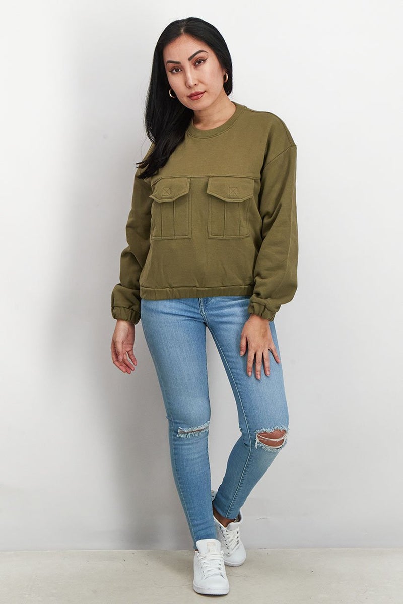 Piping Hot Women Crew Neck Long Sleeve Front Pocket Sweatshirt, Olive - Image 2