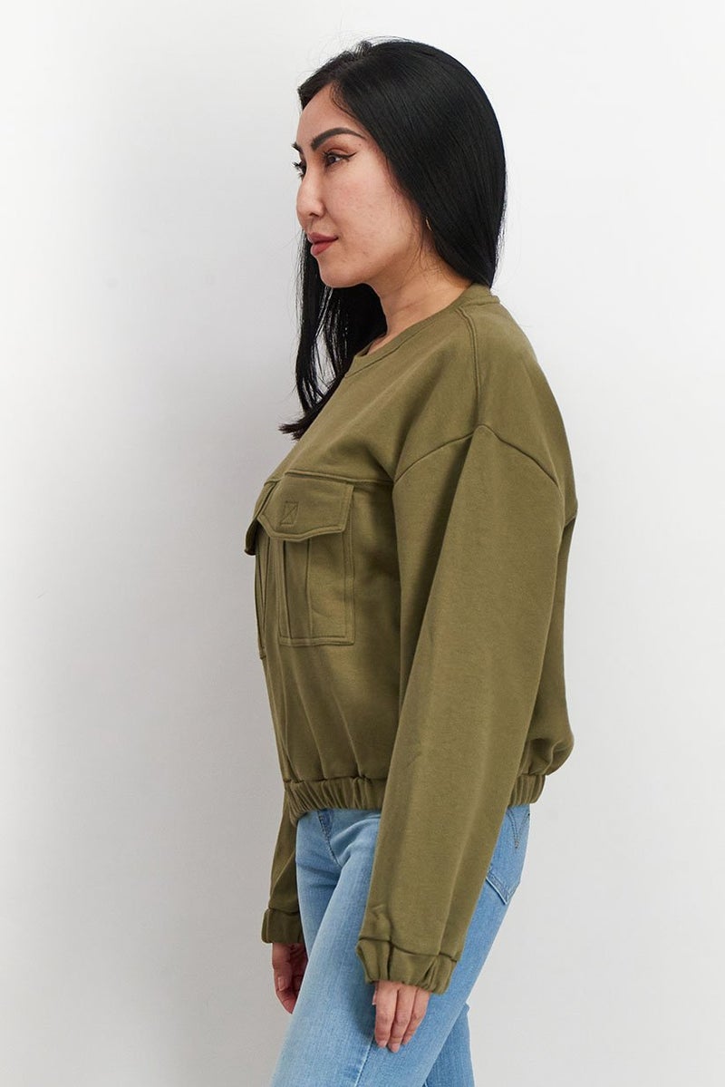 Piping Hot Women Crew Neck Long Sleeve Front Pocket Sweatshirt, Olive - Image 2