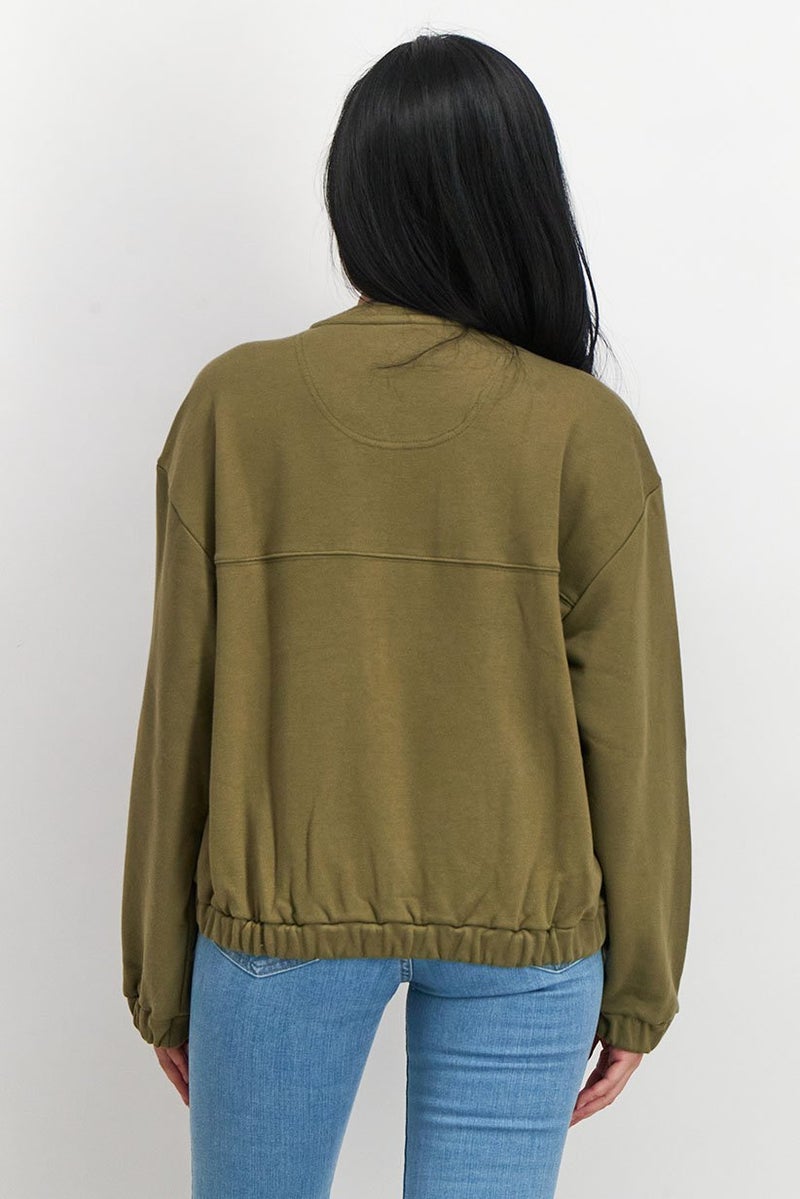 Piping Hot Women Crew Neck Long Sleeve Front Pocket Sweatshirt, Olive - Image 3