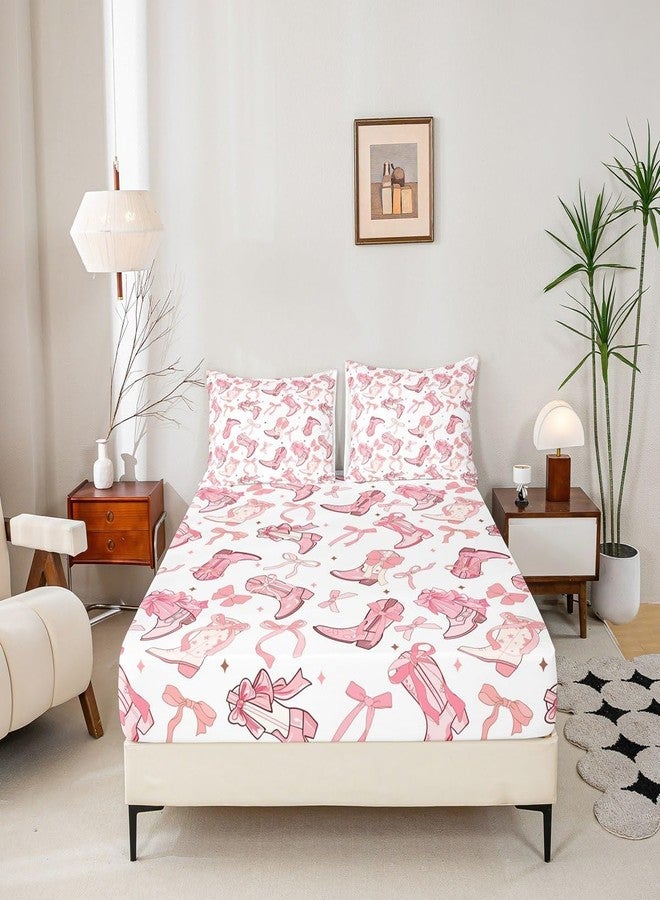 Man Fei Manfei Cowgirl Bedding Set Full Size,Western Cowboy Boots Pink Bowknots Fitted Sheet(No Flat Sheet),Dreamy Fairy Tale Princess Starry Pink White Sheet Set for Kids Girls,2 Pillowcases - Image 5
