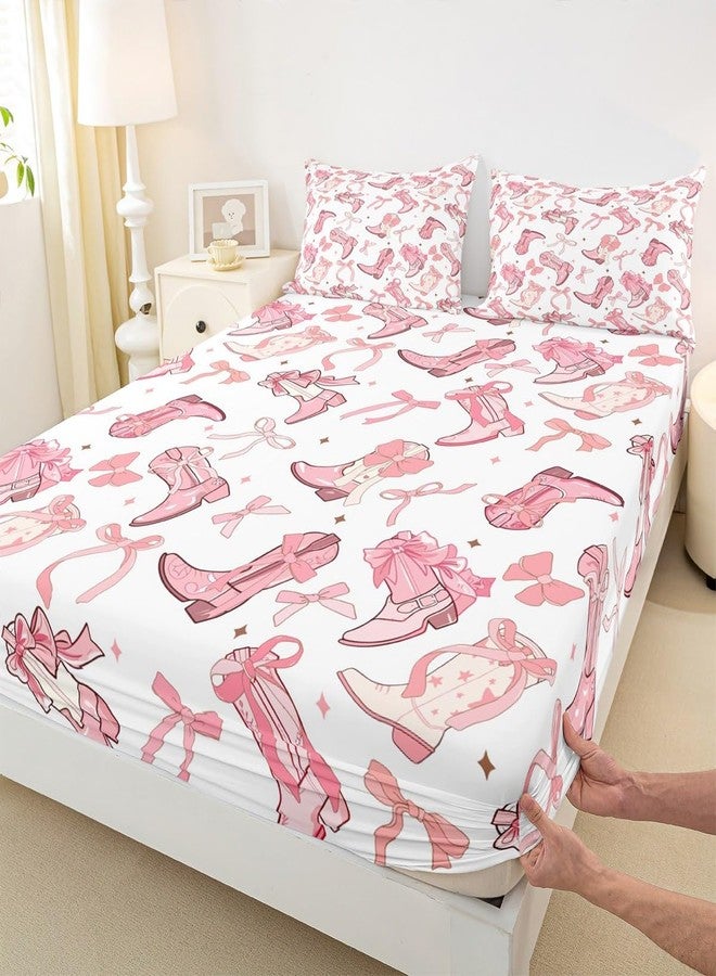 Man Fei Manfei Cowgirl Bedding Set Full Size,Western Cowboy Boots Pink Bowknots Fitted Sheet(No Flat Sheet),Dreamy Fairy Tale Princess Starry Pink White Sheet Set for Kids Girls,2 Pillowcases - Image 2