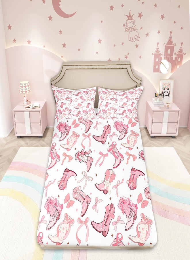 Man Fei Manfei Cowgirl Bedding Set Full Size,Western Cowboy Boots Pink Bowknots Fitted Sheet(No Flat Sheet),Dreamy Fairy Tale Princess Starry Pink White Sheet Set for Kids Girls,2 Pillowcases - Image 4