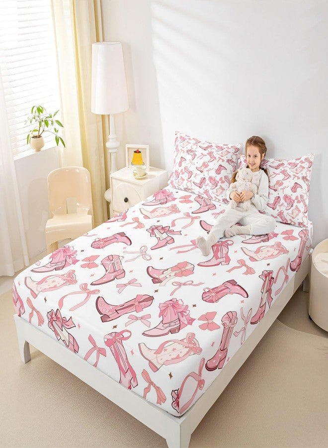Man Fei Manfei Cowgirl Bedding Set Full Size,Western Cowboy Boots Pink Bowknots Fitted Sheet(No Flat Sheet),Dreamy Fairy Tale Princess Starry Pink White Sheet Set for Kids Girls,2 Pillowcases - Image 1
