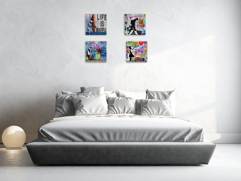 Biufo Banksy Canvas Wall Art Artwork Graffiti Street Print Pictures for Bedroom Living Room Wall Decor (12"x12"x4Pcs) - Image 3