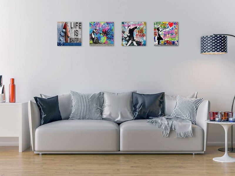 Biufo Banksy Canvas Wall Art Artwork Graffiti Street Print Pictures for Bedroom Living Room Wall Decor (12"x12"x4Pcs) - Image 2