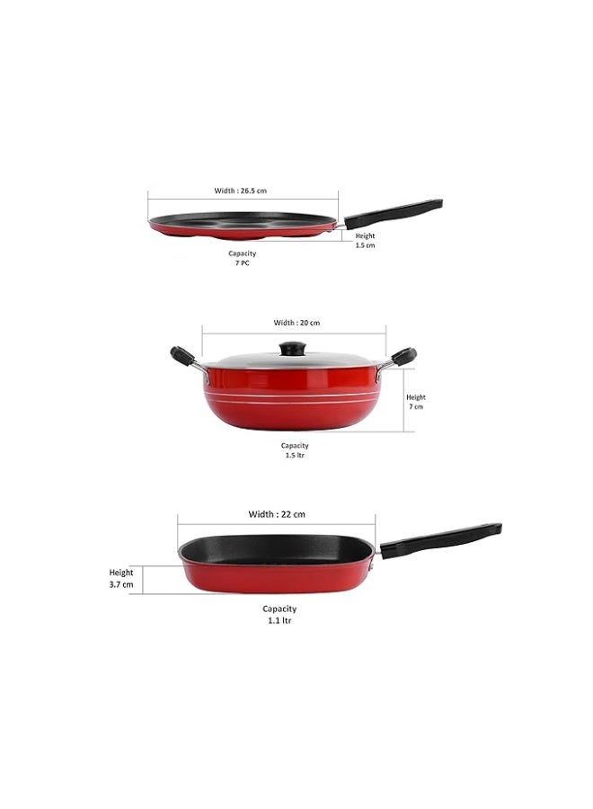Sumeet 2.6mm Thick Non-Stick Go Red Combo Set (6 Cavity Multi Snack Maker – 26.5cm Dia + Kadhai with Lid – 1.5Ltr Capacity - 20cm Dia + Grill Pan – 1.1Ltr Capacity - 22cm Dia) - Image 3