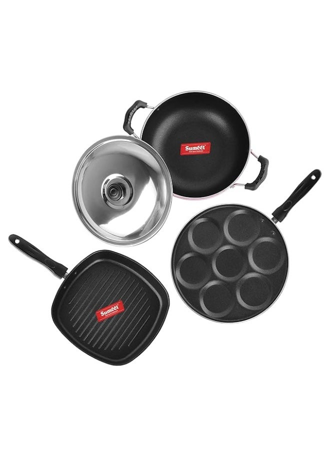Sumeet 2.6mm Thick Non-Stick Go Red Combo Set (6 Cavity Multi Snack Maker – 26.5cm Dia + Kadhai with Lid – 1.5Ltr Capacity - 20cm Dia + Grill Pan – 1.1Ltr Capacity - 22cm Dia) - Image 1