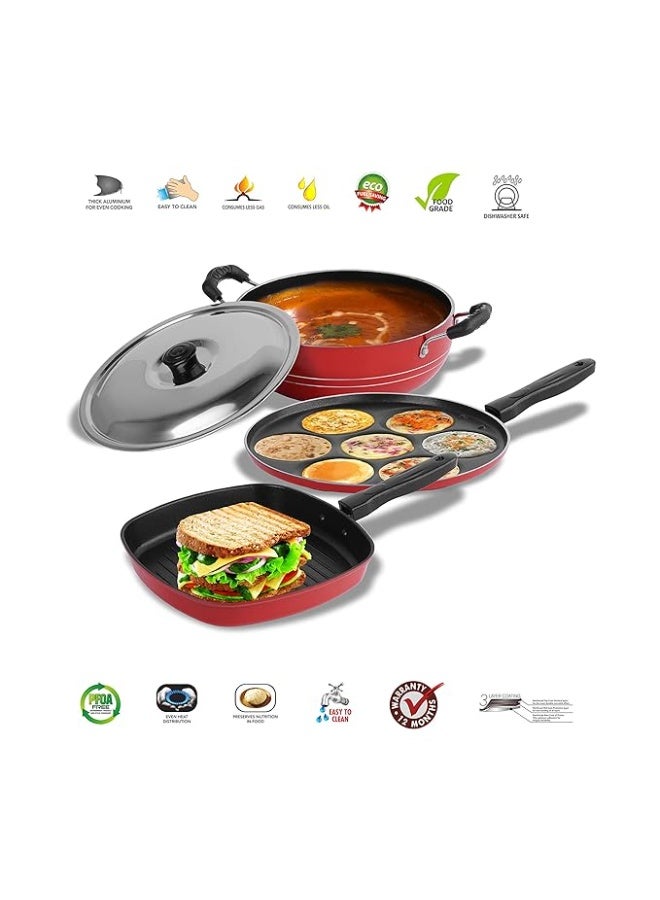 Sumeet 2.6mm Thick Non-Stick Go Red Combo Set (6 Cavity Multi Snack Maker – 26.5cm Dia + Kadhai with Lid – 1.5Ltr Capacity - 20cm Dia + Grill Pan – 1.1Ltr Capacity - 22cm Dia) - Image 2
