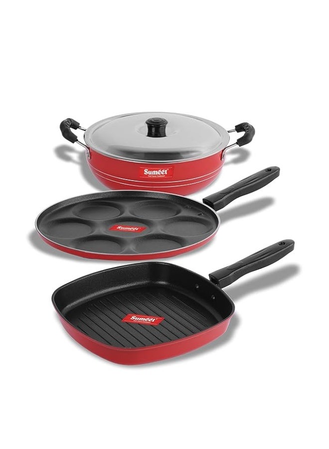 Sumeet 2.6mm Thick Non-Stick Go Red Combo Set (6 Cavity Multi Snack Maker – 26.5cm Dia + Kadhai with Lid – 1.5Ltr Capacity - 20cm Dia + Grill Pan – 1.1Ltr Capacity - 22cm Dia) - Image 4