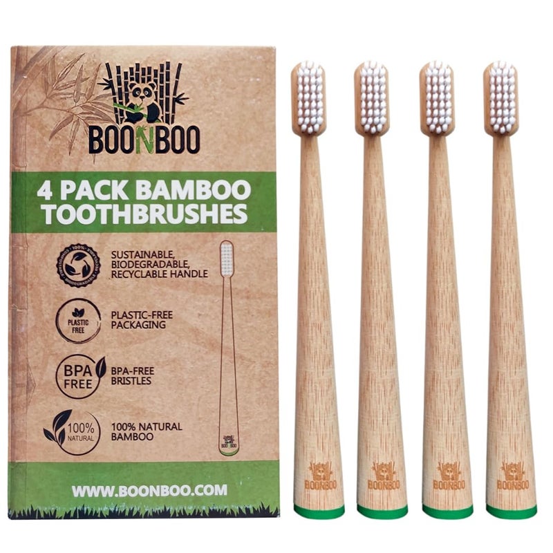 BOONBOO Bamboo Toothbrushes Wooden Handle StandUp Pack of 4 Adult