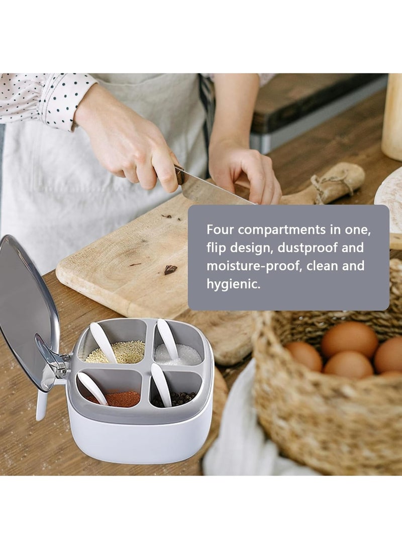 SYOSI Seasoning Box, 4 Compartment Spice Jars with Lid and Spoon for Kitchen Household Salt Sugar Pepper Powder, Leakproof and Easy to Clean, With Handle, 1 Set - Image 3