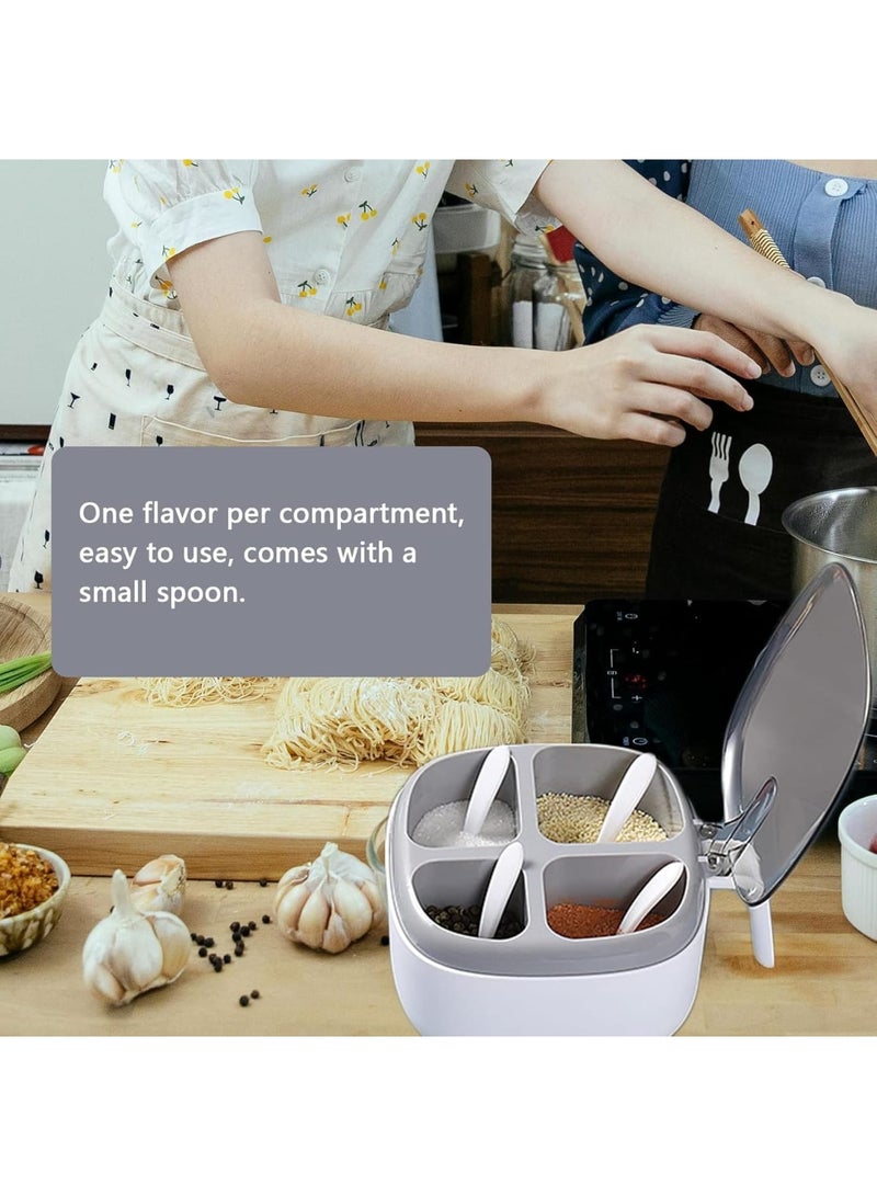 SYOSI Seasoning Box, 4 Compartment Spice Jars with Lid and Spoon for Kitchen Household Salt Sugar Pepper Powder, Leakproof and Easy to Clean, With Handle, 1 Set - Image 4