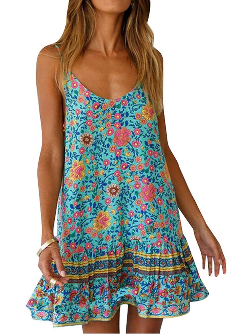 Qearal Womens Sleeveless Boho Dress Floral Cover Up Beach Mini Strappy Sundresses with Pocket - Image 1