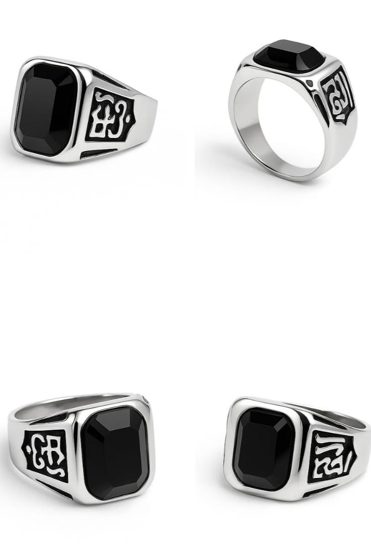 روماد خاتم فضي أنيق بحجر أسود مستطيل ونقوش عربية فاخرة على الجانبين. - Image 5