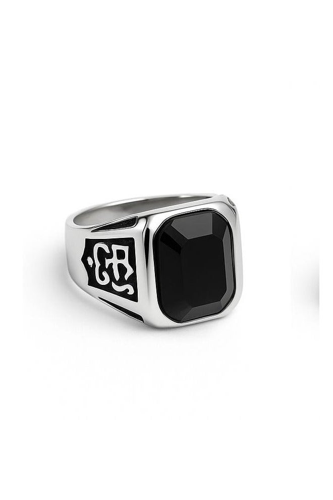 ROMAD A stylish silver ring with a rectangular black stone and elegant Arabic engravings on the sides. - Image 4
