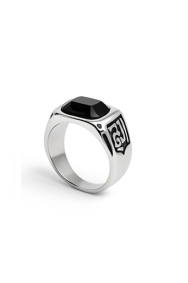 ROMAD A stylish silver ring with a rectangular black stone and elegant Arabic engravings on the sides. - Image 2