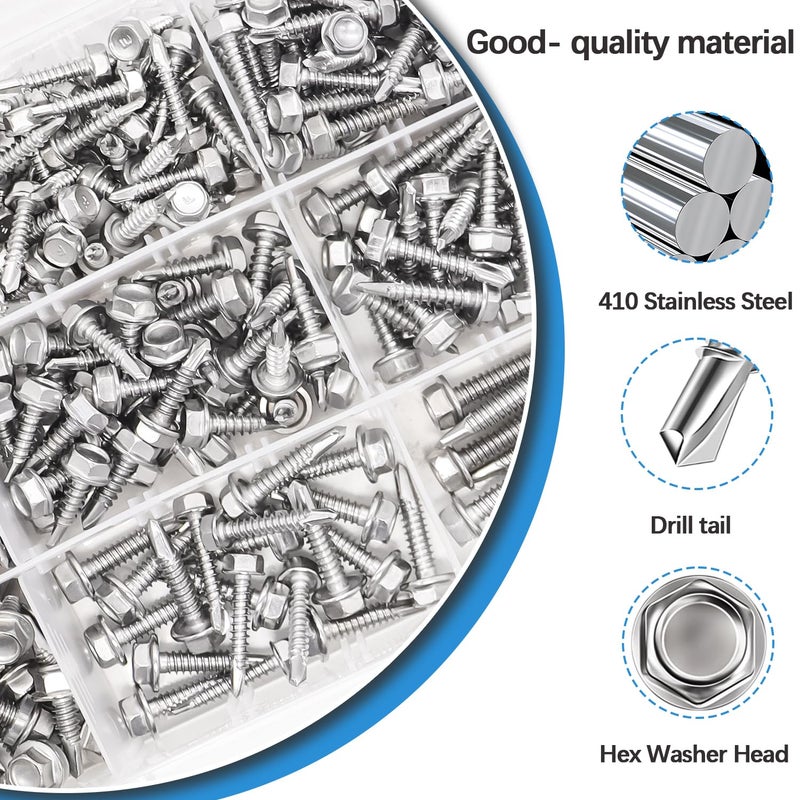 mxuteuk 390PCS #8,#10,#12 Self Tapping Screws,410 Stainless Steel Self Tapping Screws for Metal,Self Drilling Screws,Hex Washer Head Sheet Metal Screws Suitable for Wood, Metal or Tough Materials - Image 4
