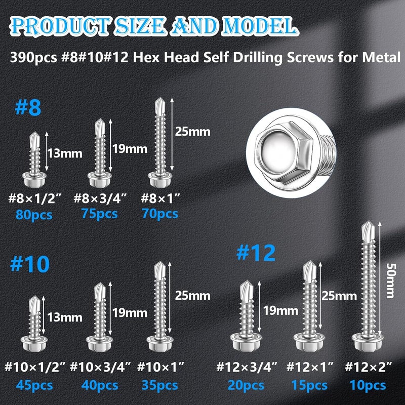 mxuteuk 390PCS #8,#10,#12 Self Tapping Screws,410 Stainless Steel Self Tapping Screws for Metal,Self Drilling Screws,Hex Washer Head Sheet Metal Screws Suitable for Wood, Metal or Tough Materials - Image 2
