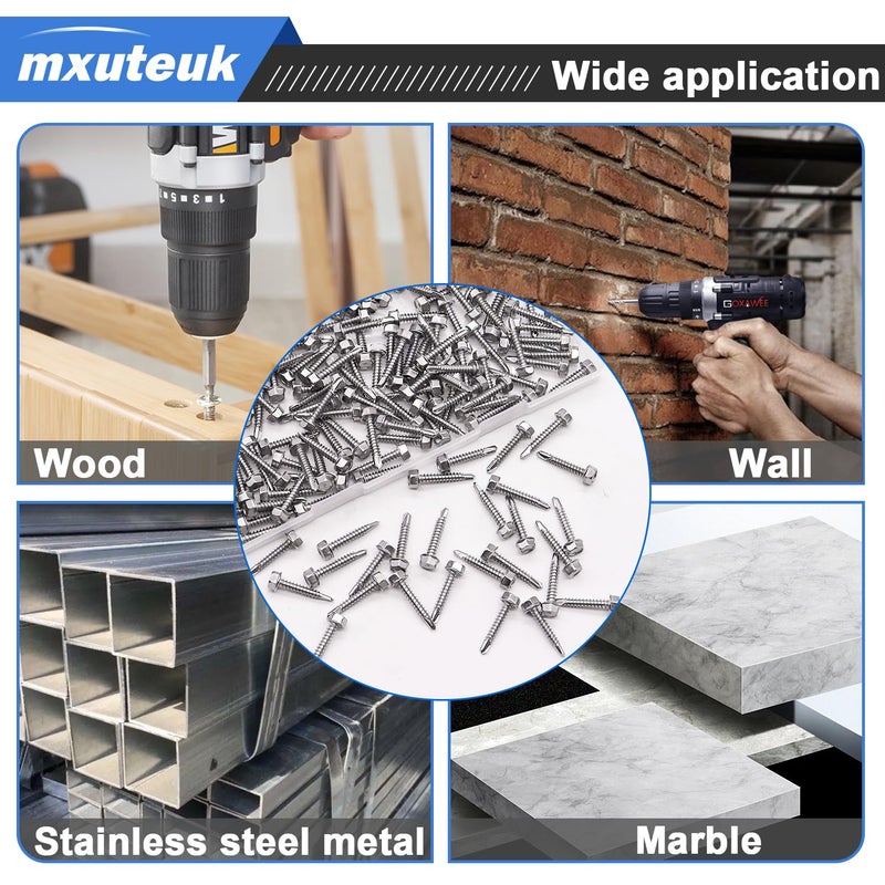 mxuteuk 390PCS #8,#10,#12 Self Tapping Screws,410 Stainless Steel Self Tapping Screws for Metal,Self Drilling Screws,Hex Washer Head Sheet Metal Screws Suitable for Wood, Metal or Tough Materials - Image 5