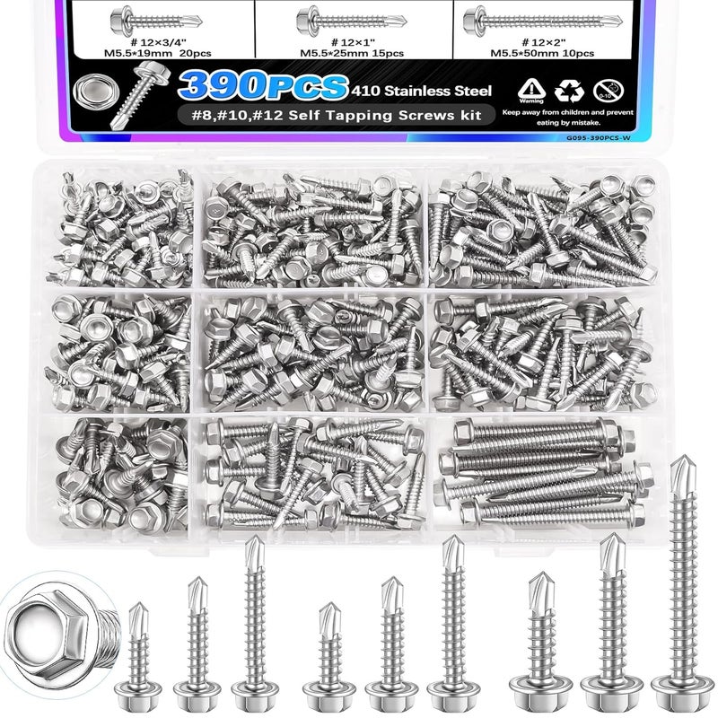 mxuteuk 390PCS #8,#10,#12 Self Tapping Screws,410 Stainless Steel Self Tapping Screws for Metal,Self Drilling Screws,Hex Washer Head Sheet Metal Screws Suitable for Wood, Metal or Tough Materials - Image 1