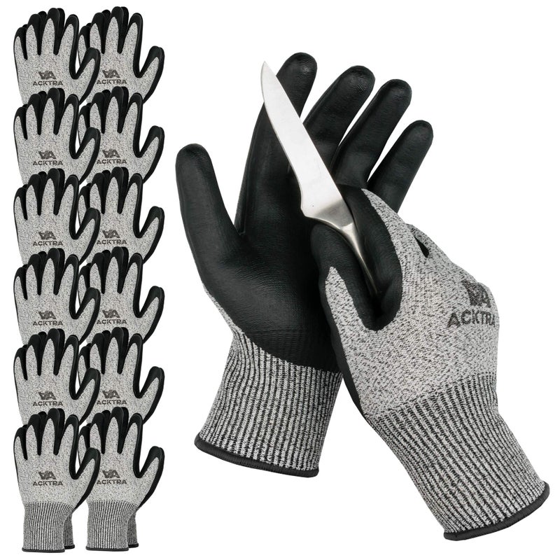ACKTRA WG015 Level 5 Cut Resistant Construction Safety WORK GLOVES 12 pairs Foam Nitrile Coated High Tear Strength EN 388 PPE Regulation 2016425 for Men and Women Large