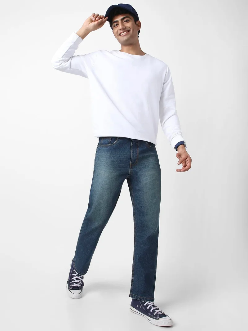 Urbano Fashion  Urbano Fashion Men's Blue Straight Fit Washed Jeans Stretchable  | Best Price UAE