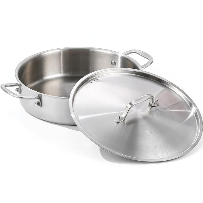 TRIPLY STAINLESS STEEL 7 QUART BRAISER PAN WITH LID INDUCTION RONDEAU POT WITH LID 12INCH DEEP FRYING PAN LARGE SAUTE PAN HEAVY DUTY STYLE COMPATIBLE WITH ALL COOKTOPS UP TO 650