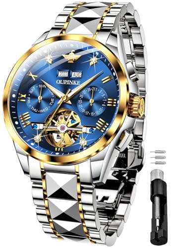 OUPINKE Blue Men Wrist Watches Automatic Skeleton Mechanical Luxury Dress Tungsten Steel Luminous Waterproof Sapphire Diamond Calendar Best Gifts Watches for Men - Image 1