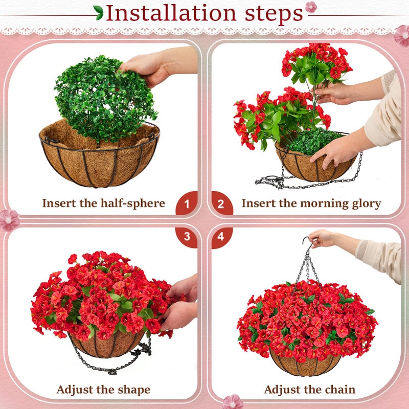 TTQ Set of 2 Artificial Hanging Flower Baskets for Outdoor Decor, 16 Bundles Faux Silk Morning Glory Flowers with 2 Hanging Baskets for Porch Patio Balcony Garden Spring Summer Decoration - Image 4