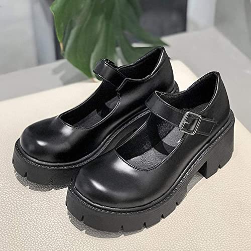 ACE SHOCK Women's Platform Mary Janes Chunky Heel Ankle Strap Uniform Dress Shoes Heeled Gothic Lolita Oxfords (7.5, Single Strap-Matt Black) - Image 5