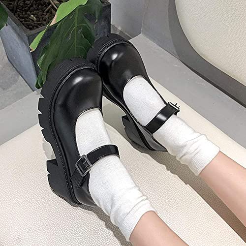 ACE SHOCK Women's Platform Mary Janes Chunky Heel Ankle Strap Uniform Dress Shoes Heeled Gothic Lolita Oxfords (7.5, Single Strap-Matt Black) - Image 4