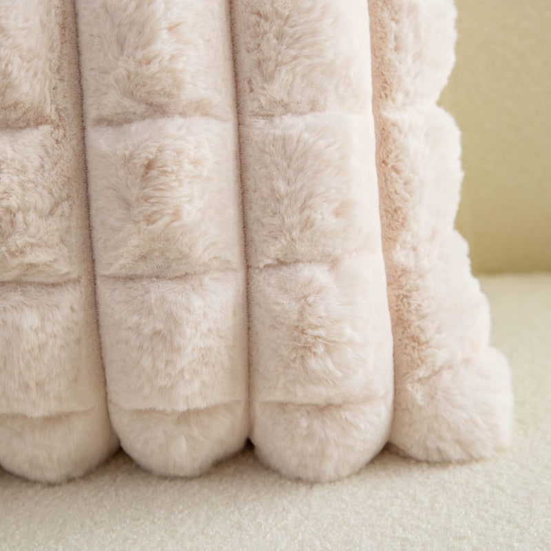 Neelvin Beige Faux Fur Cozy Soft Plaid Decorative Throw Pillow Covers 22x22 inch Set of 2 Velvet Pillowcase Cushion Case for Sofa Couch - Image 5