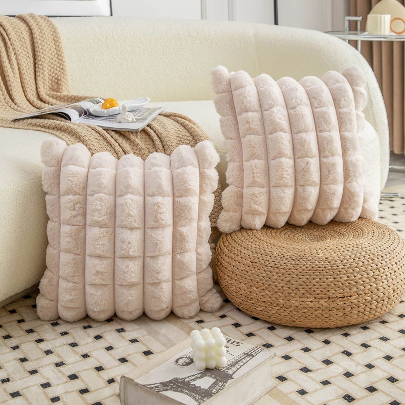 Neelvin Beige Faux Fur Cozy Soft Plaid Decorative Throw Pillow Covers 22x22 inch Set of 2 Velvet Pillowcase Cushion Case for Sofa Couch - Image 3