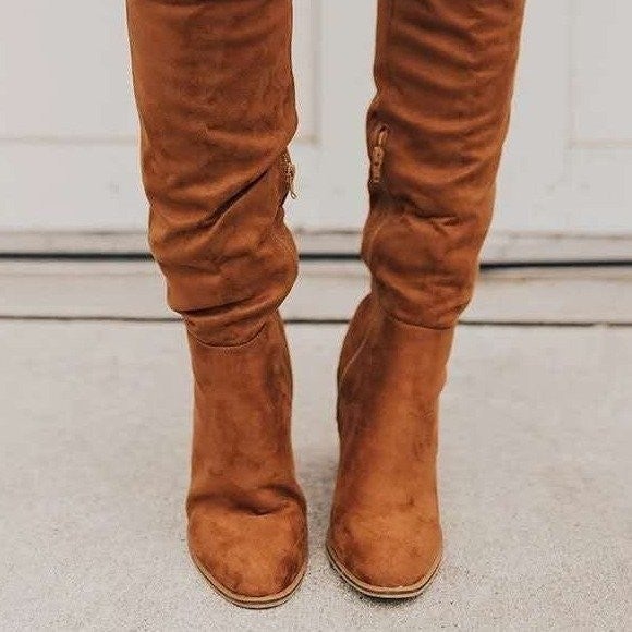 2020 Knee-High Boots Slim Velvet Womens Chunky Heel Autumn Winter Brown 