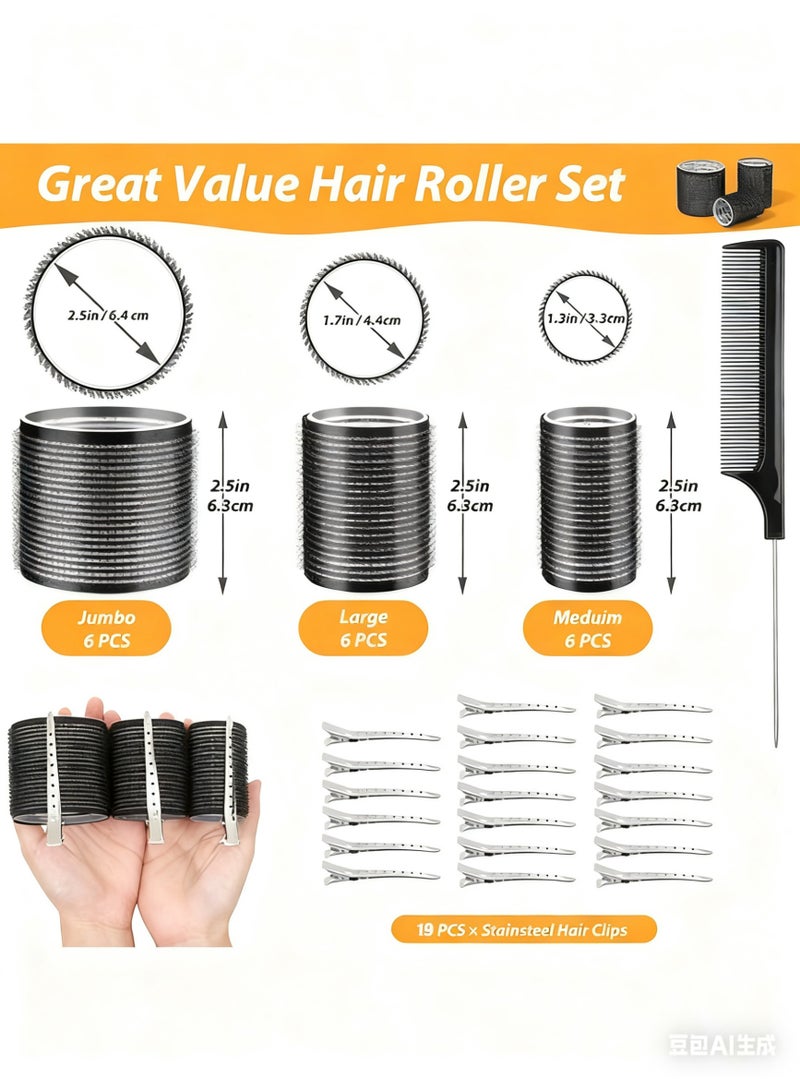RESONIX 40-Pack Self Grip Hair Rollers with Duckbill Clips & Storage Bag, 3 Sizes (6cm, 4.5cm, 3.6cm) – Heatless Curlers for Long, Medium & Short Hair, Create Natural Volume & Bang Curls (Black) - Image 2